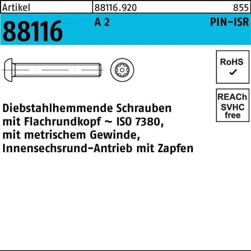 Schraube R 88116 diebstahlhemmend ISR Zapfen M5x 20-T25 A 2 100 Stück Neu Im Sortiment