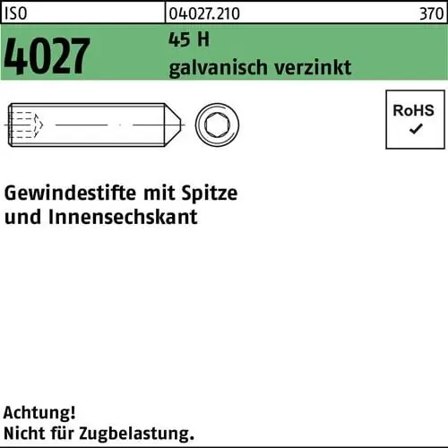 Gewindestift ISO 4027 Spitze/Innen-6kt M4x25 45 H galv.verz. 500St. Direkt Vom Hersteller