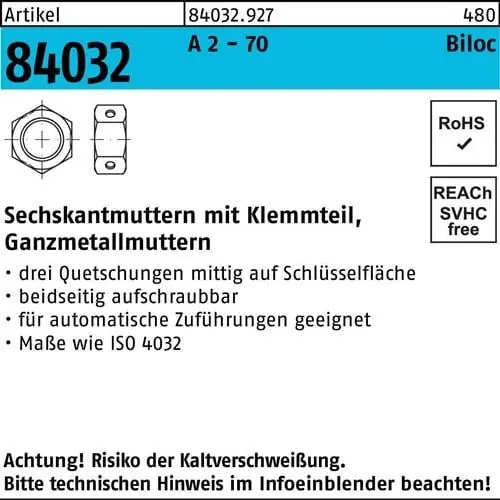Sechskantmutter R 84032 Biloc Klemmteil M20 A 2 - 70 50 Stück Schnäppchen