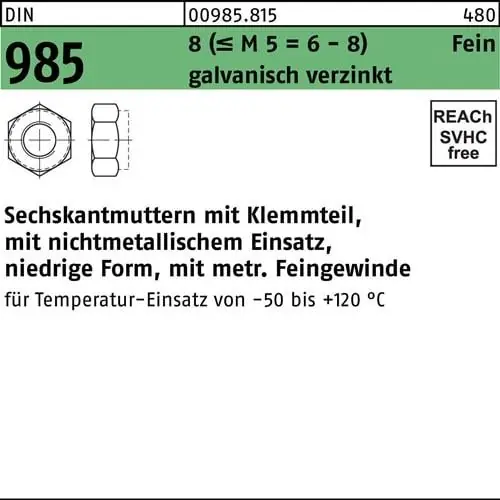Wochenendangebot Sechskantmutter DIN 985 Klemmteil M27x2 8 (=M 5 = 6/8 ) galv.verz. 10St.