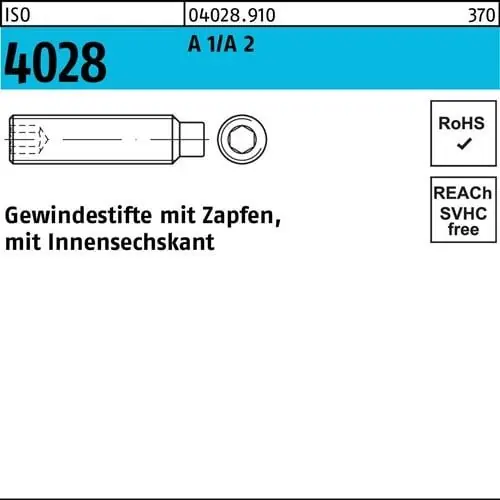 Highlight Gewindestift ISO 4028 Zapfen/Innen-6kt M8x 60 A 1/A 2 50 Stück
