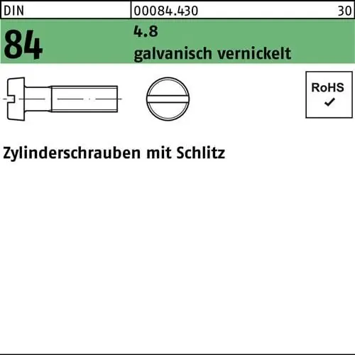 Zylinderschraube DIN 84/ISO 1207 Schlitz M3x6 4.8 galv. vernickelt 2000St. Markenprodukt