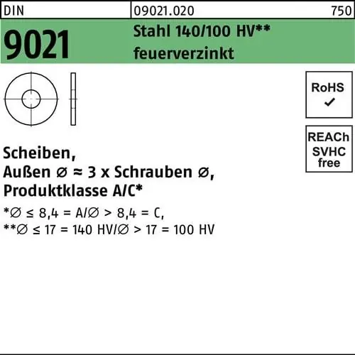 Heißes Angebot Unterlegscheibe DIN 9021 10,5x30x2,5 Stahl 140/100 HV feuerverz. 250 Stück