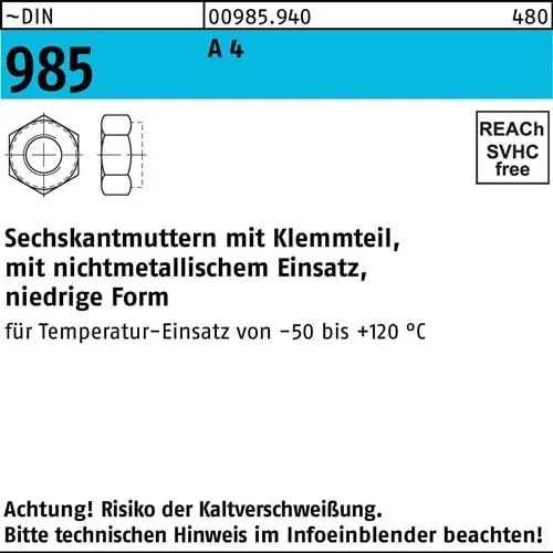 Sechskantmutter DIN 985 Klemmteil M10 A 4 500 Stück Kracherpreis