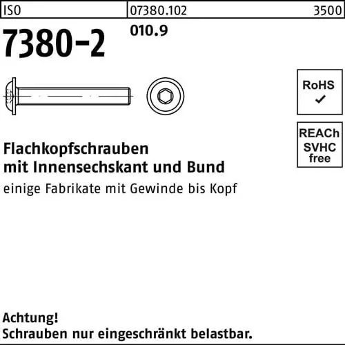 Abverkauf Flachkopfschraube ISO 7380-2 Bund/Innen-6kt M10x 20 010.9 200 Stück