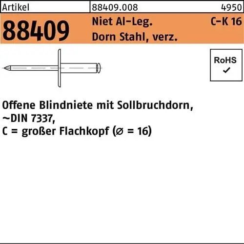 Bestpreis Blindniete R 88409 großer FLAKO 4,8x12 Niet Aluminium/Dorn Stahl verz. 250St.