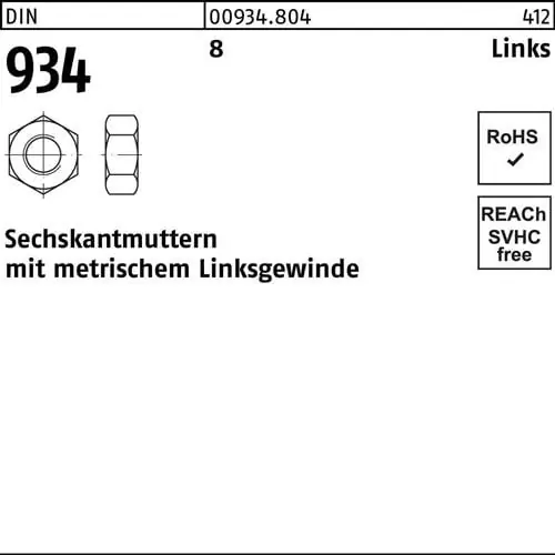 Sechskantmutter DIN 934 links M20 -LH 8 50 Stück Gratis Versand
