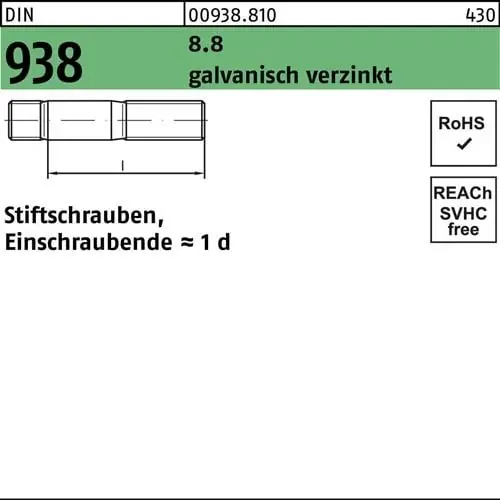 Stiftschraube DIN 938 M10x 35 8.8 galv.verz. 50 Stück Mega-Angebot
