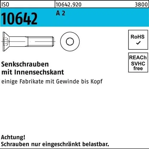 Senkschraube ISO 10642 Innen-6kt M8x 60 A 2 100 Stück Bestseller