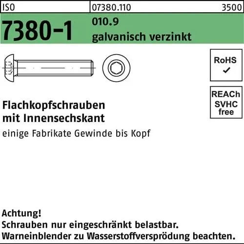 Flachkopfschraube ISO 7380-1 Innen-6kt M6x8 010.9 galv.verz. 500St. Kostenfreie Lieferung