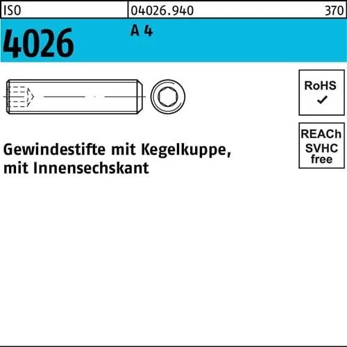 Gewindestift ISO 4026 Kegelkuppe/Innen-6kt M10x 16 A 4 100 Stück Markenprodukt