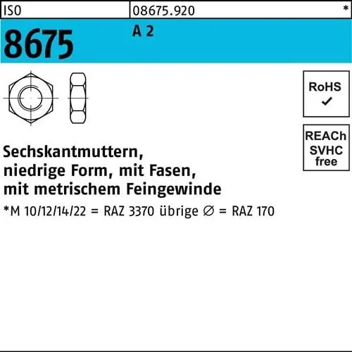 Echt Sechskantmutter ISO 8675 Fasen M12x 1,25 A 2 50 Stück