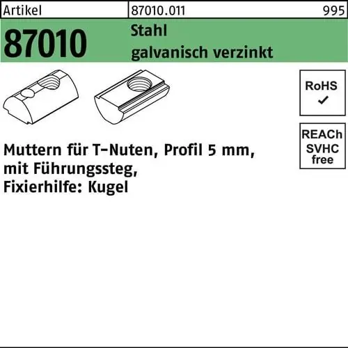 T-Nutenmutter R 87010 Führungssteg 5mm M5 Stahl galv.verz. 100 Stück Top-Preis