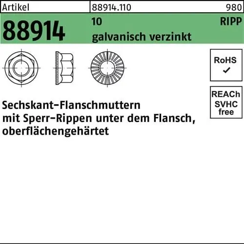 Must-Have Sechskantflanschmutter R 88914 Sperr-Ripp M8 10 galv.verz. 200 Stück