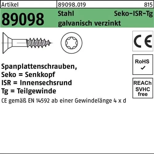Geprüft Spanplattenschraube R 89098 SEKO ISR TG 4,5x40/24-T20 Stahl galv.verz. 500St.