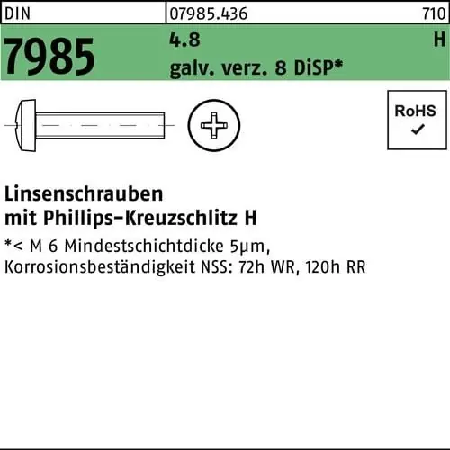 Garantierte Lieferung Linsenschraube DIN 7985 PH M5x16-H 4.8 galv.verz. 8 DiSP 1000St.