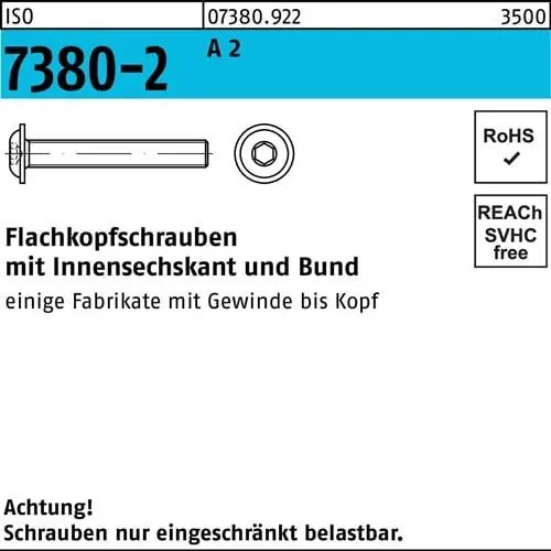 Zertifiziert Flachkopfschraube ISO 7380-2 Bund/Innen-6kt M4x 10 A 2 500 Stück