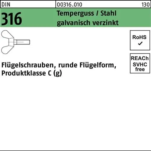 Garantierte Lieferung Flügelschraube DIN 316 M6x 12 Temperguss/Stahl galv.verz. 100 Stück