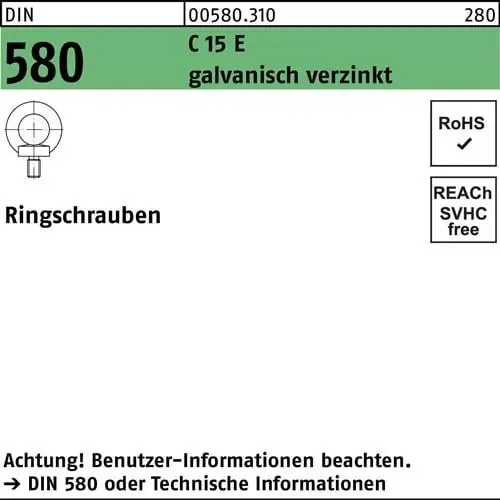 Ringschraube DIN 580 M16 C 15 E galv.verz. 10 Stück Markenprodukt