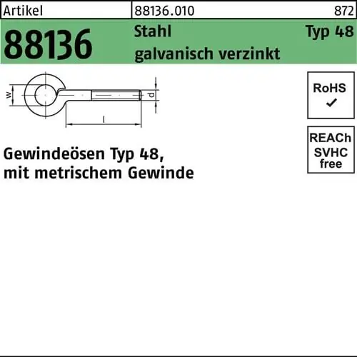 Gewindeöse R 88136 Typ 48 M4x 40 D 6 Stahl galv.verz. 100 Stück Kostenloser Rückversand