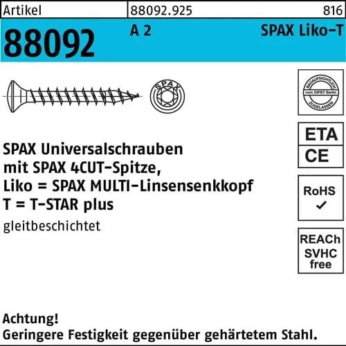 Schraube R 88092 LIKO/T-STAR 3,5x 30/25-T15 A 2 200 Stück SPAX Neuheit
