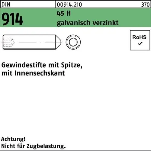 Gewindestift DIN 914 Spitze/Innen-6kt M20x60 45 H galv.verz. 25St. Mega-Angebot
