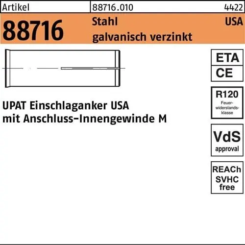 Top-Preis Einschlaganker R 88716 USA M8x 40 Stahl galv.verz. 100 Stück UPAT