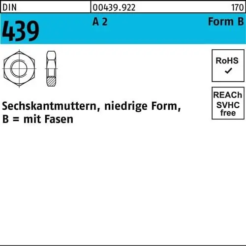 Bestseller Sechskantmutter DIN 439/ISO 4035 FormB BM 10 A 2 50 Stück