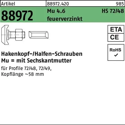 Markenprodukt Hammerkopfschraube R 88972 Typ 72/48 M20x 50 Mu 4.6 feuerverz. 20St. HALFEN