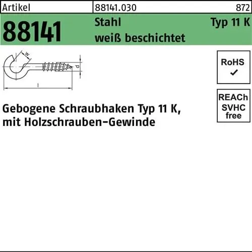 Nur Für Kurze Zeit Schraubhaken R 88141 Typ 11 K gebogen 40x2,9x12 Stahl weiß beschichtet 100St.