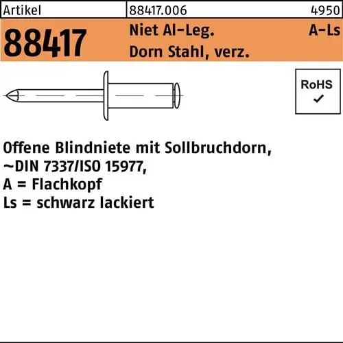 Ausverkauf Blindniete R 88417 FLAKO 4x12 Niet Aluminium sw/Dorn Stahl verz. 500St.