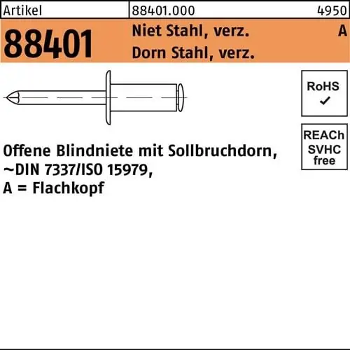 Blindniete R 88401 FLAKO 3,2x18 Niet Stahl verz./Dorn Stahl verz. 500St. Geprüft