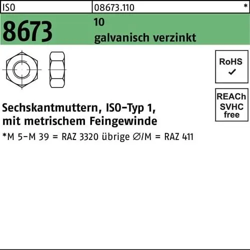 Sechskantmutter ISO 8673 M 42 x 3 10 galvanisch verzinkt 10 Stück Jetzt Bestellen