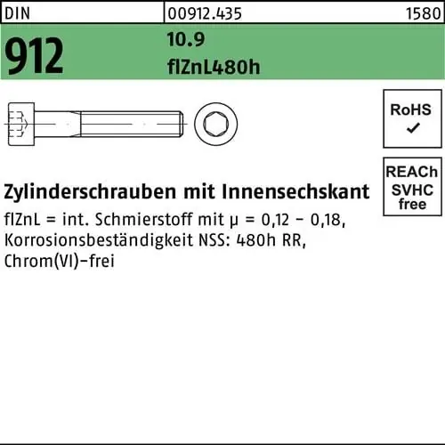 Kostenfreie Lieferung Zylinderschraube DIN 912 Innen-6kt M10x75 10.9 flZnL/nc/x/x/480h/C 100St.