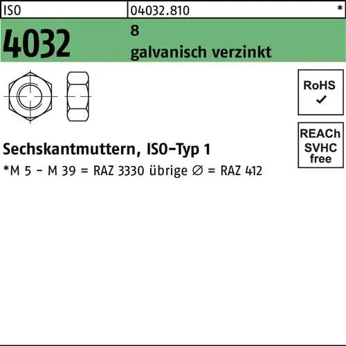 Kostenfreie Lieferung Sechskantmutter ISO 4032 M16 8 galv.verz. 50 Stück