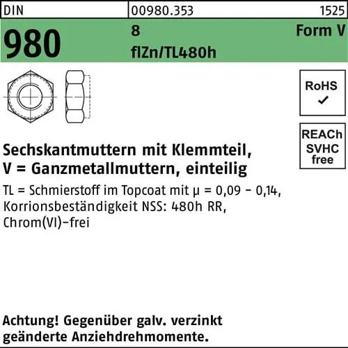 Sechskantmutter DIN 980 Klemmteil VM 6 8 zinklamellenbes. flZnnc 480h-L 1000St. Bestpreis