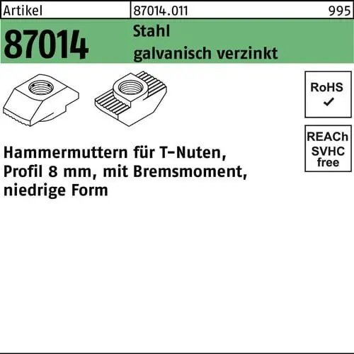 Hammerkopfmutter R 87014 Bremsmoment niedrig 8mm M5 Stahl galv.verz. 100St. Kostenloser Rückversand