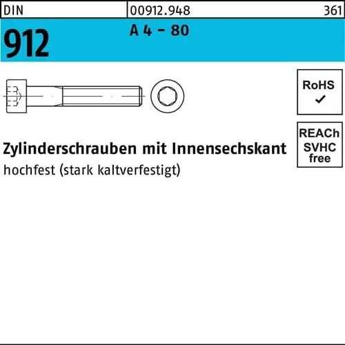 Zylinderschraube DIN 912 Innen-6kt M12x 60 A 4 - 80 50 Stück Meistverkauft