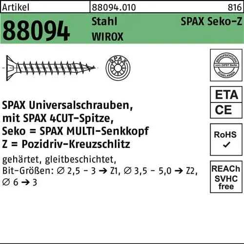 Sale Schraube R 88094 SEKO Spitze/PZ 3x20/16-Z Stahl galv.verz. WIROX 200St. SPAX