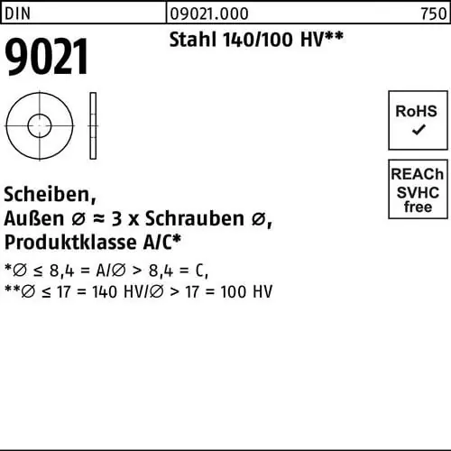 Unterlegscheibe DIN 9021 3,2x 9x0,8 Stahl 140/100 HV 10000 Stück Angebot