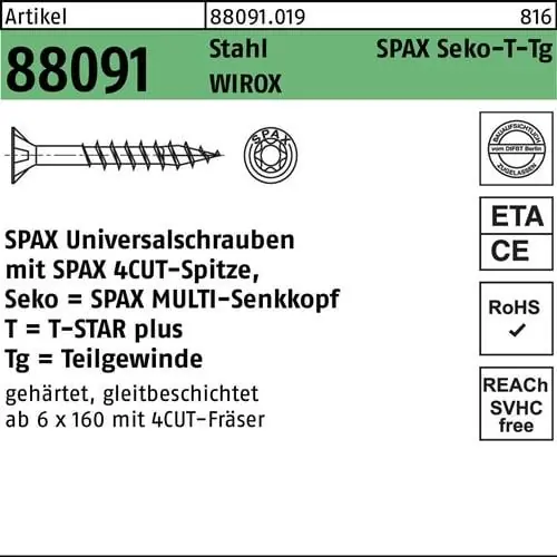 Schraube R 88091 SEKO/T-STAR TG 4,5x 30/17-T20 Stahl WIROX 1000 Stück SPAX Markenprodukt