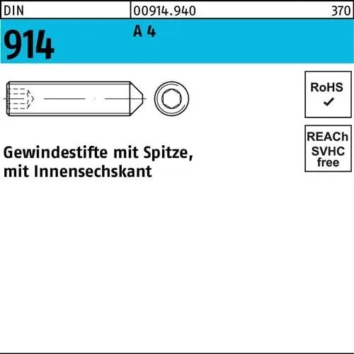 Gewindestift DIN 914 Spitze/Innen-6kt M12x 50 A 4 25 Stück Neuheit