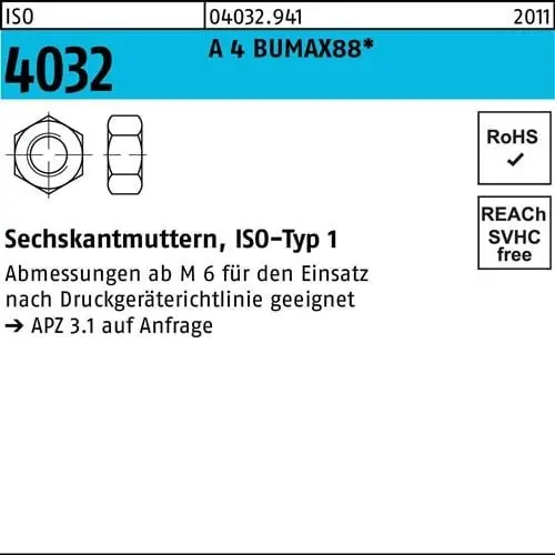 Schneller Versand Sechskantmutter ISO 4032 M12 A 4 BUMAX88 50 Stück BUFAB
