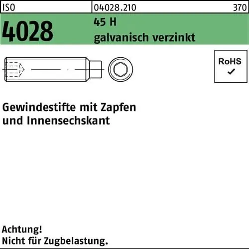 Kostenloser Rückversand Gewindestift ISO 4028 Zapfen/Innen-6kt M12x25 45 H galv.verz. 100St.