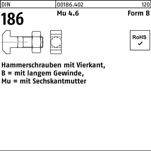 Hammerschraube DIN 186 FormB Vierkant 6-ktmutter BM 10x 30 Mu 4.6 25 Stück Nur Für Kurze Zeit
