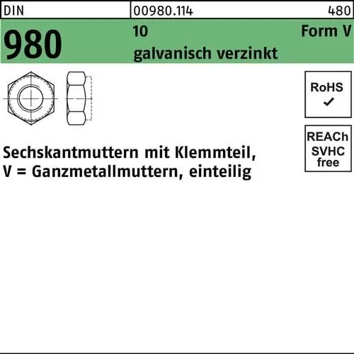 Sechskantmutter DIN 980 Klemmteil VM 12 10 galv.verz. 100 Stück Neue Ware