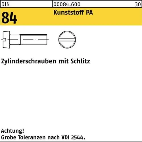 Zylinderschraube DIN 84/ISO 1207 Schlitz M4x 16 Polyamid 200 Stück Top-Angebot