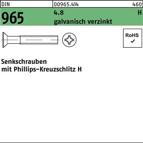 Senkschraube DIN 965 PH M3x 20-H 4.8 galv.verz. 2000St. Gratis Versand