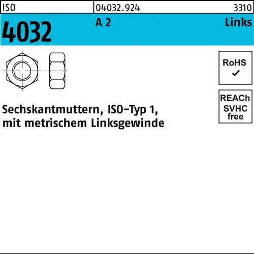 Sechskantmutter ISO 4032 links M14 A 2 (- 70) 25 Stück Super-Preis