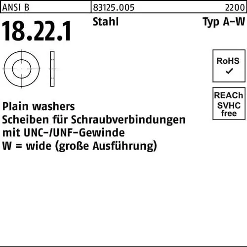 Aktuell Unterlegscheibe ANSI B18.22.1 Typ W 9/16x 1,469 Stahl 200 Stück